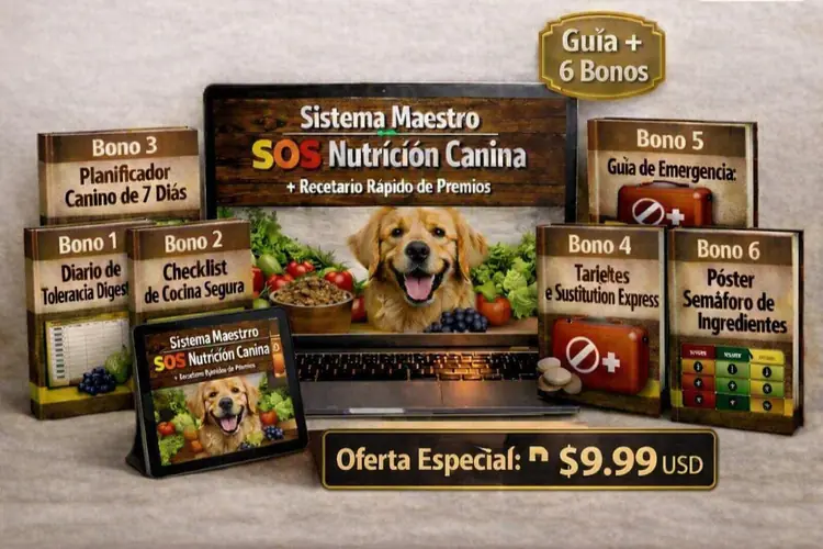 Mockup del Sistema Maestro SOS Nutrición Canina + Recetario Rápido de Premios con sus 6 bonos