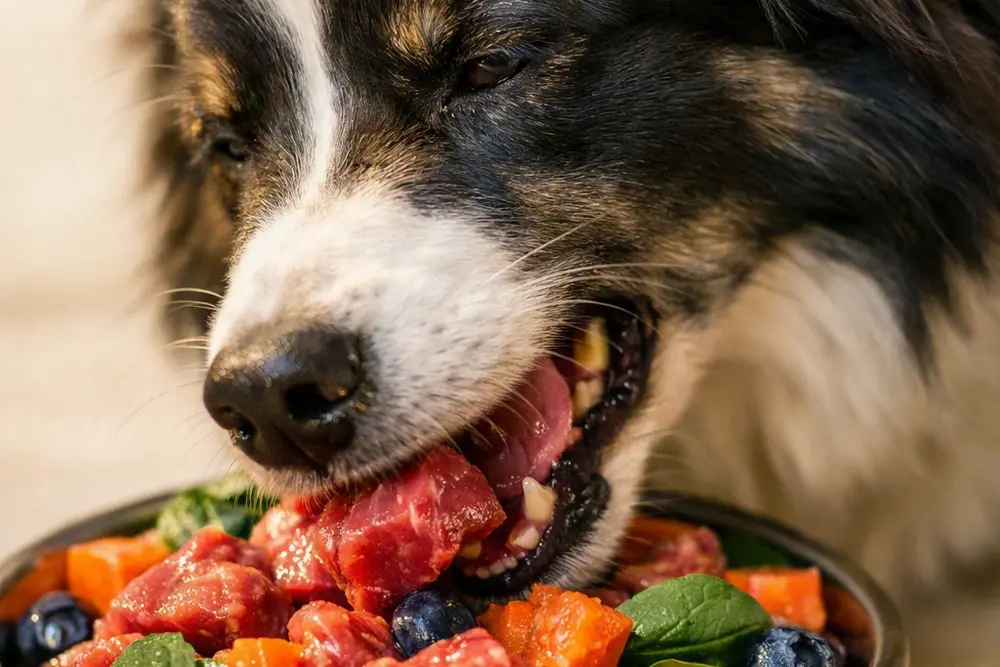Perro feliz comiendo comida natural de carne, arándanos, zanahoria y espinaca en un bowl