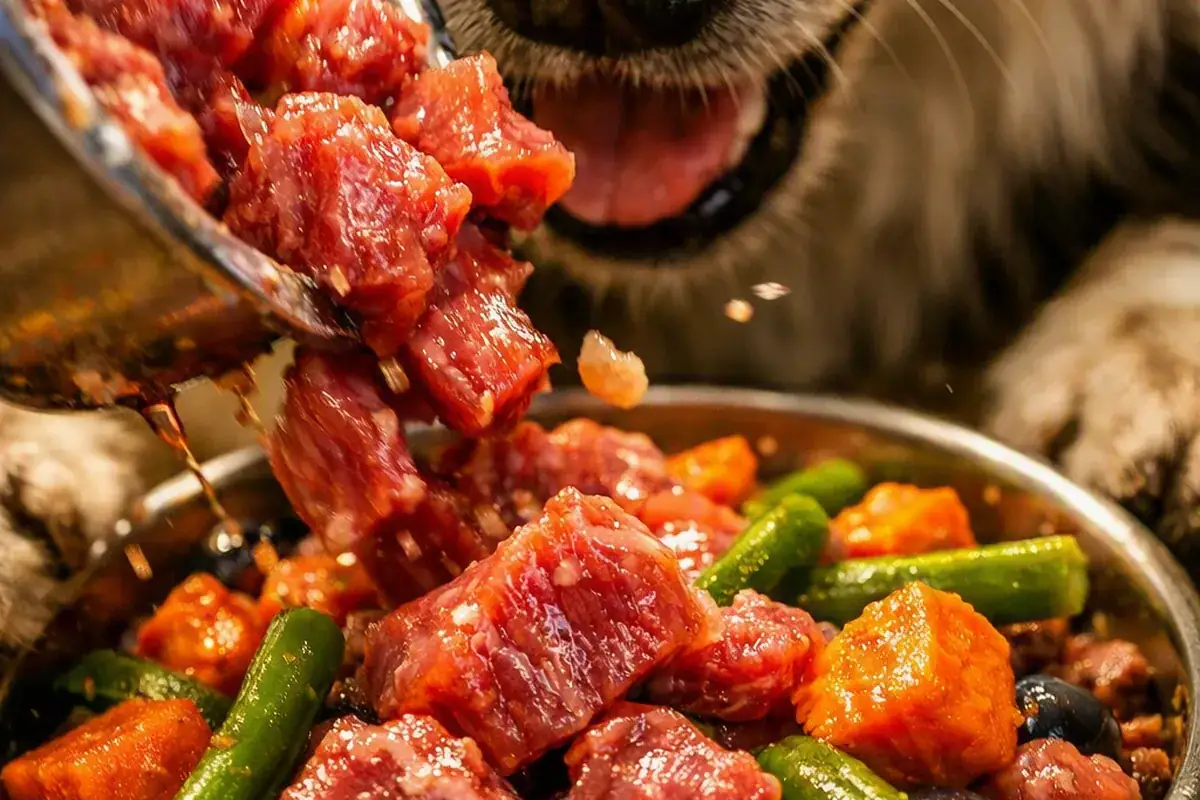 Perro saboreando comida natural fresca: trozos de carne cruda, ejotes, batata y arándanos en un bowl