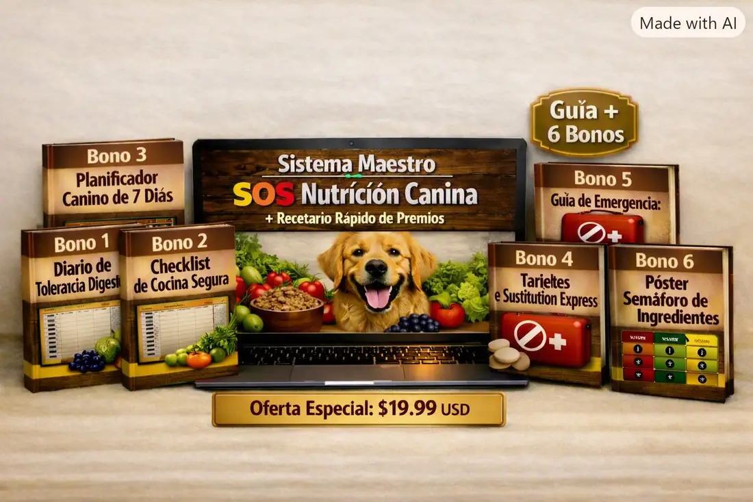 Mockup del Sistema Maestro SOS Nutrición Canina + Recetario Rápido de Premios con sus 6 bonos